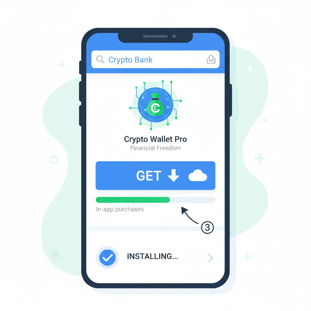smartphone downloading crypto bank app from app store, clean modern interface, blue and green tones