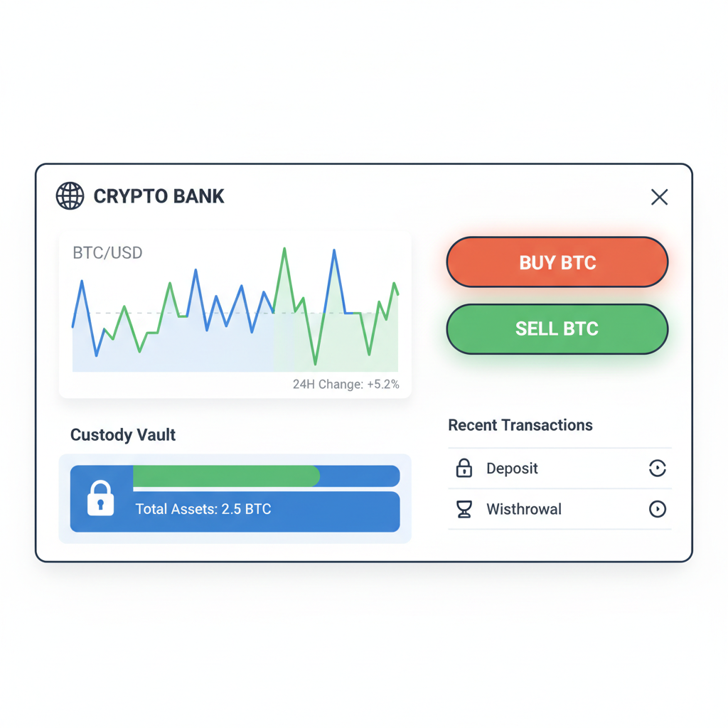 crypto bank dashboard with trading charts, custody vault, buy/sell buttons active