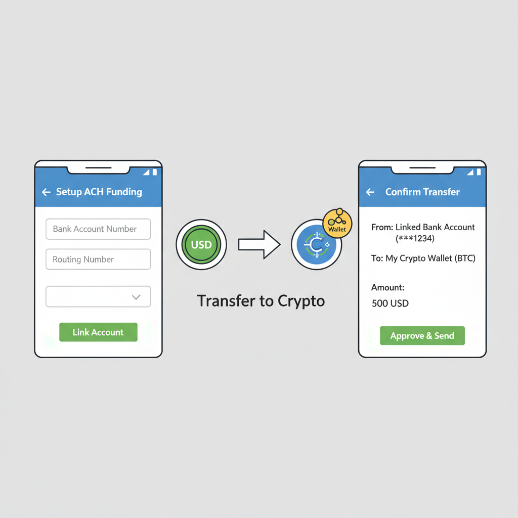 banking app interface showing ACH funding setup, USD transfer arrow to crypto wallet