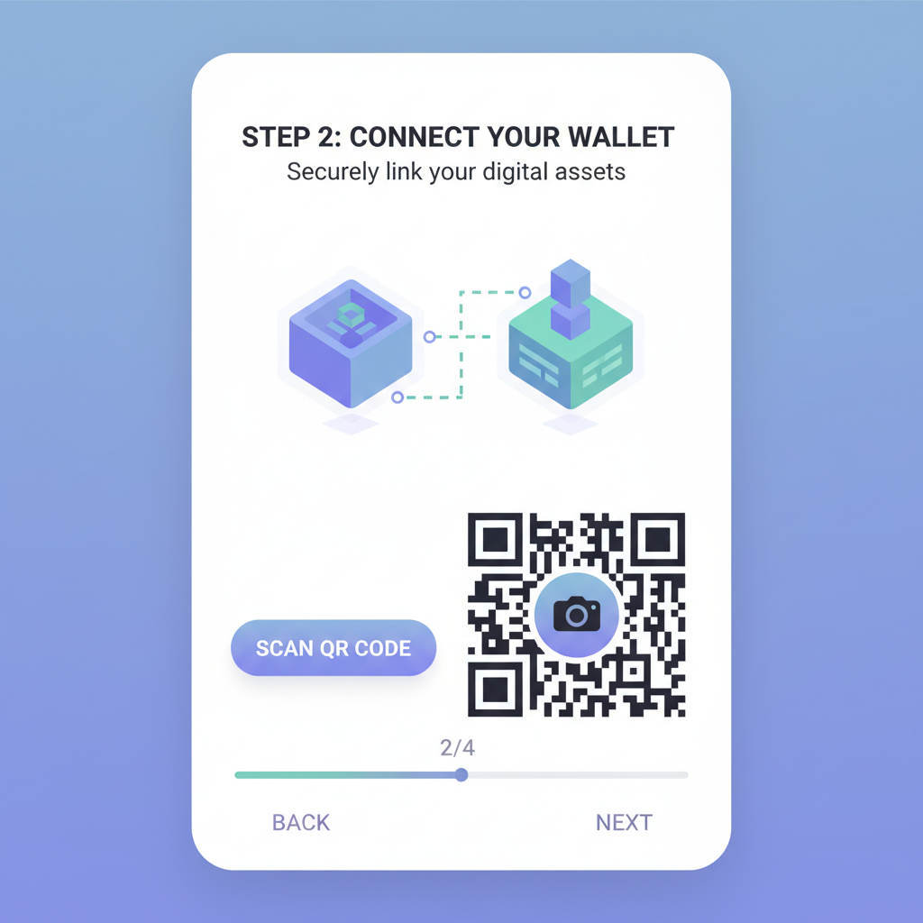app screen connecting crypto wallet with blockchain links and QR code scan