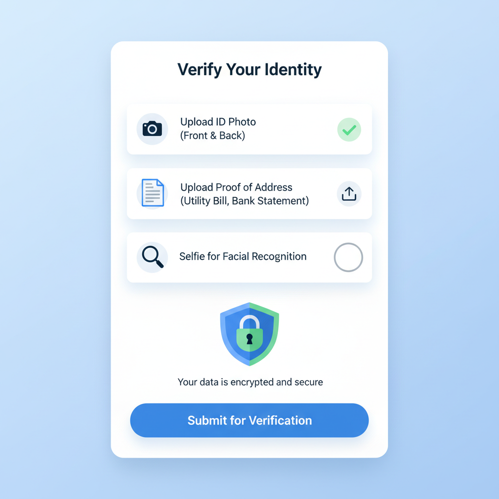 mobile app screen with KYC form, uploading ID photo and documents, secure lock icon