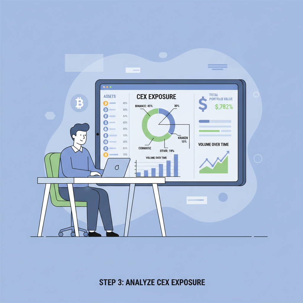 professional financial analyst reviewing crypto portfolio dashboard highlighting CEX exposure charts --ar 16:9