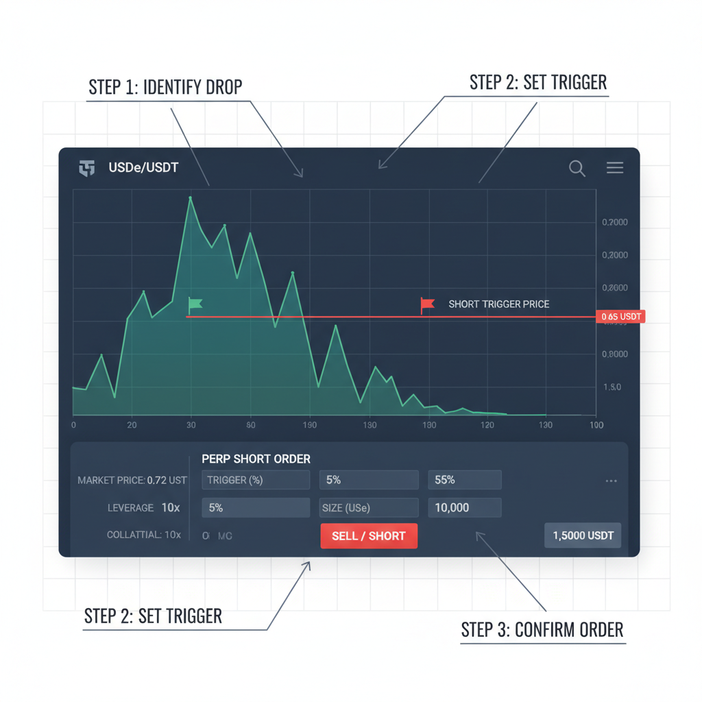 crypto trading interface showing perp short order with 5% trigger on USDe chart dropping to 0.65 --ar 16:9