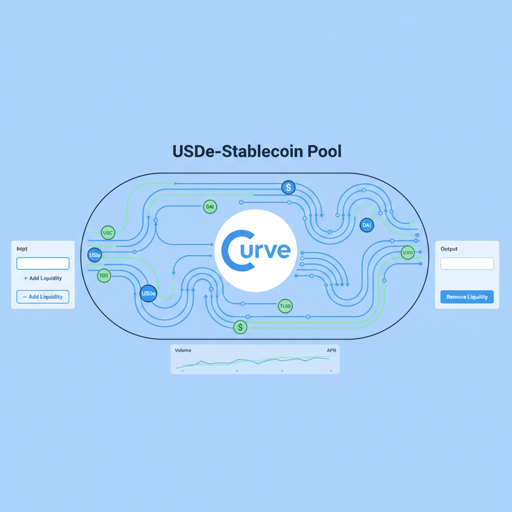 DEX liquidity pool interface on Curve with USDe paired stablecoins flowing smoothly --ar 16:9