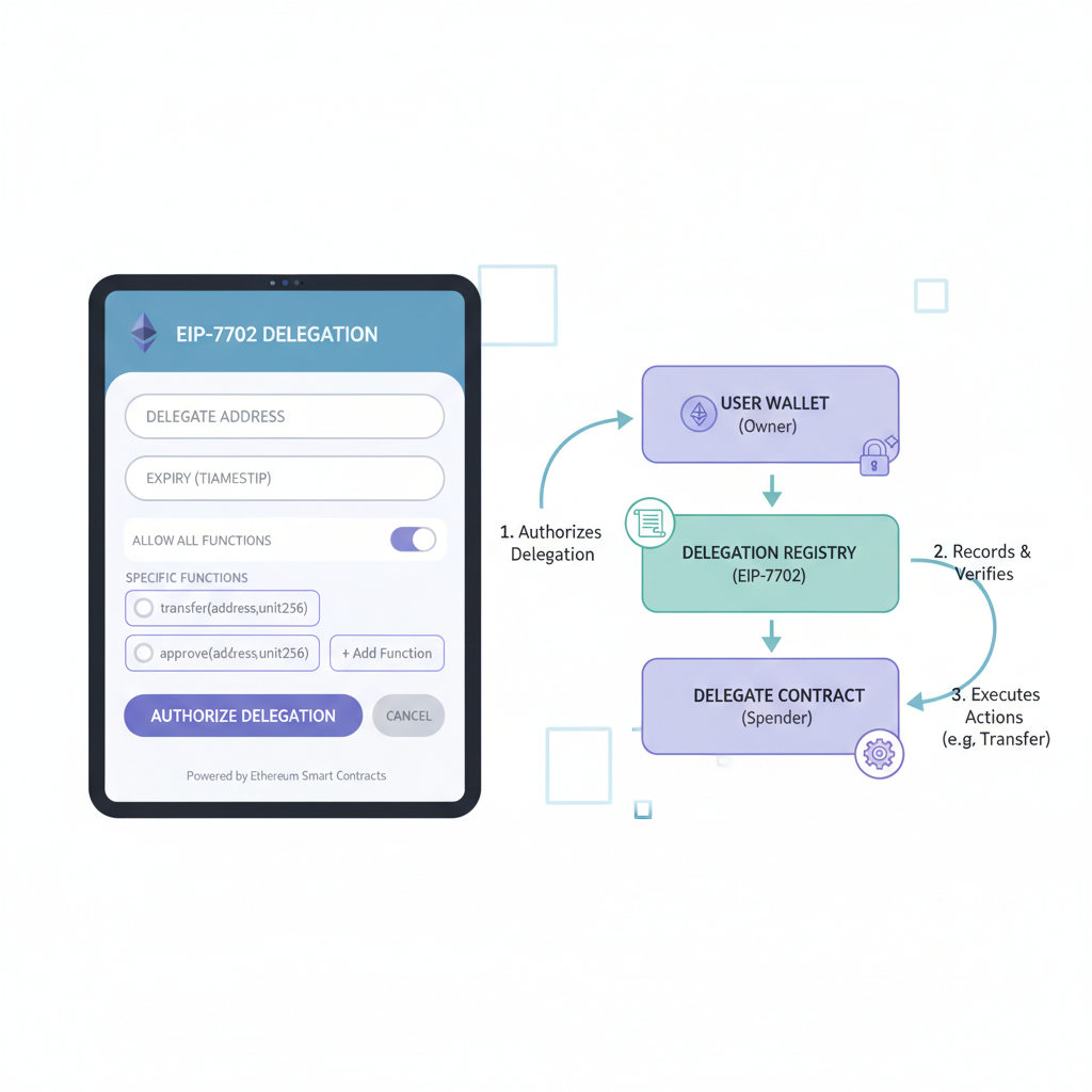 EIP-7702 delegation authorization screen, Ethereum smart contract delegation diagram