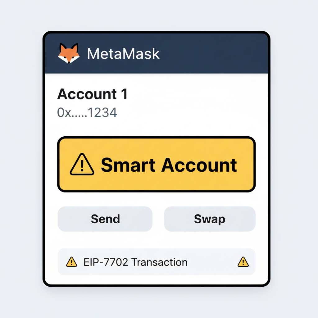MetaMask account overview screen highlighting 'EIP-7702' or 'Smart Account' label with warning icon, educational style