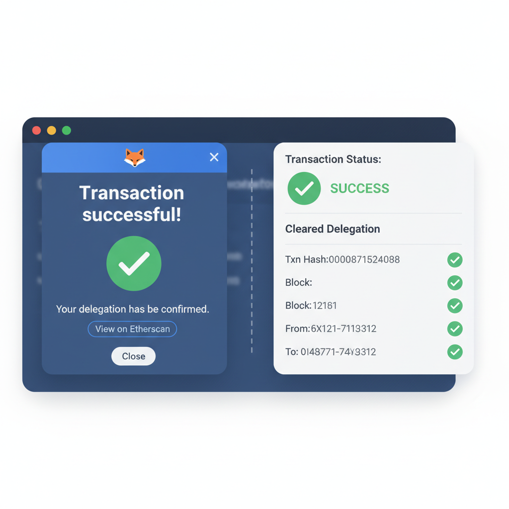 MetaMask success notification and Etherscan confirmed tx with cleared delegation, green checkmarks