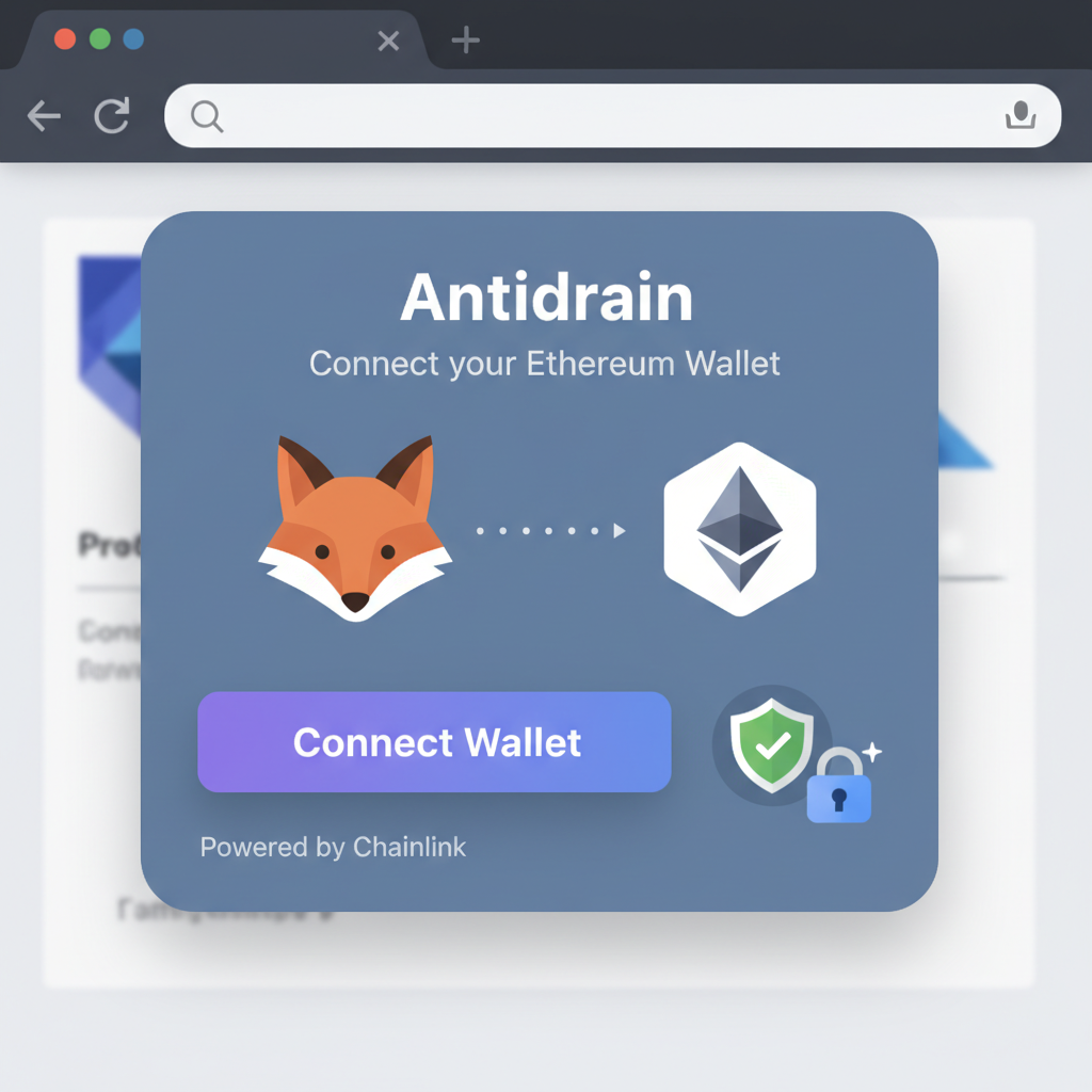 Browser extension popup connecting Ethereum wallet, Antidrain interface, secure connection icons