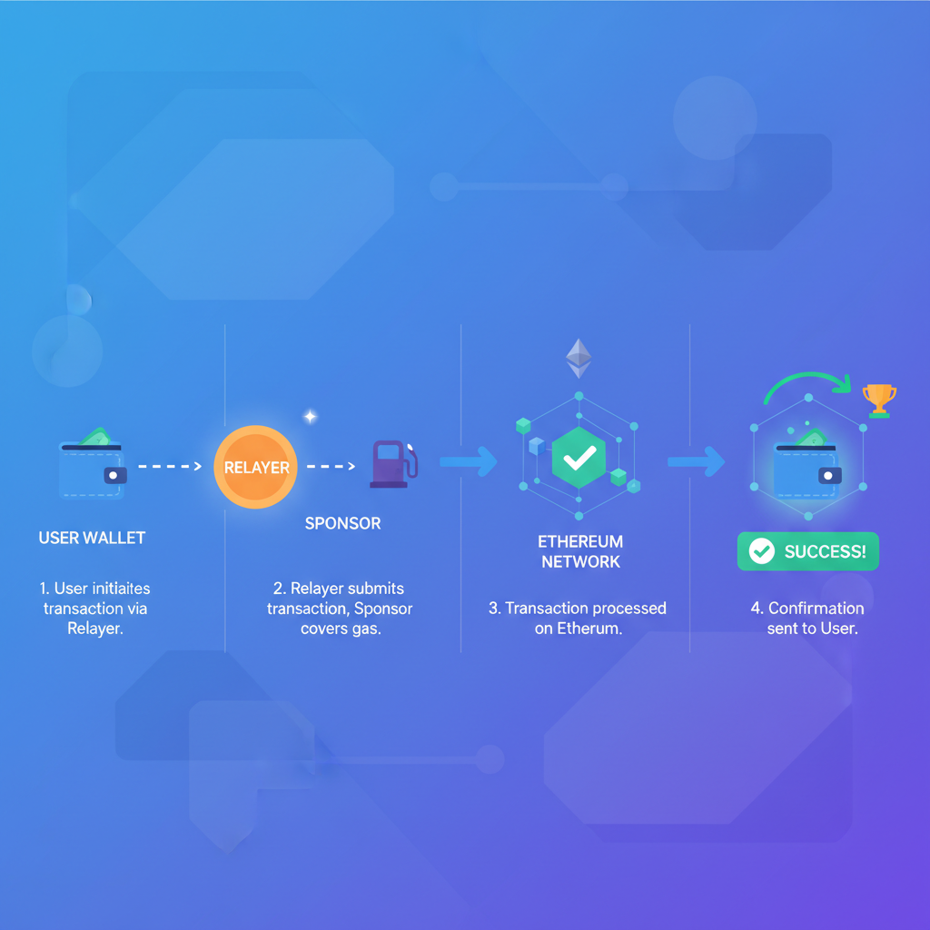 Transaction execution via relayer, sponsored tx animation, Ethereum network success confirmation