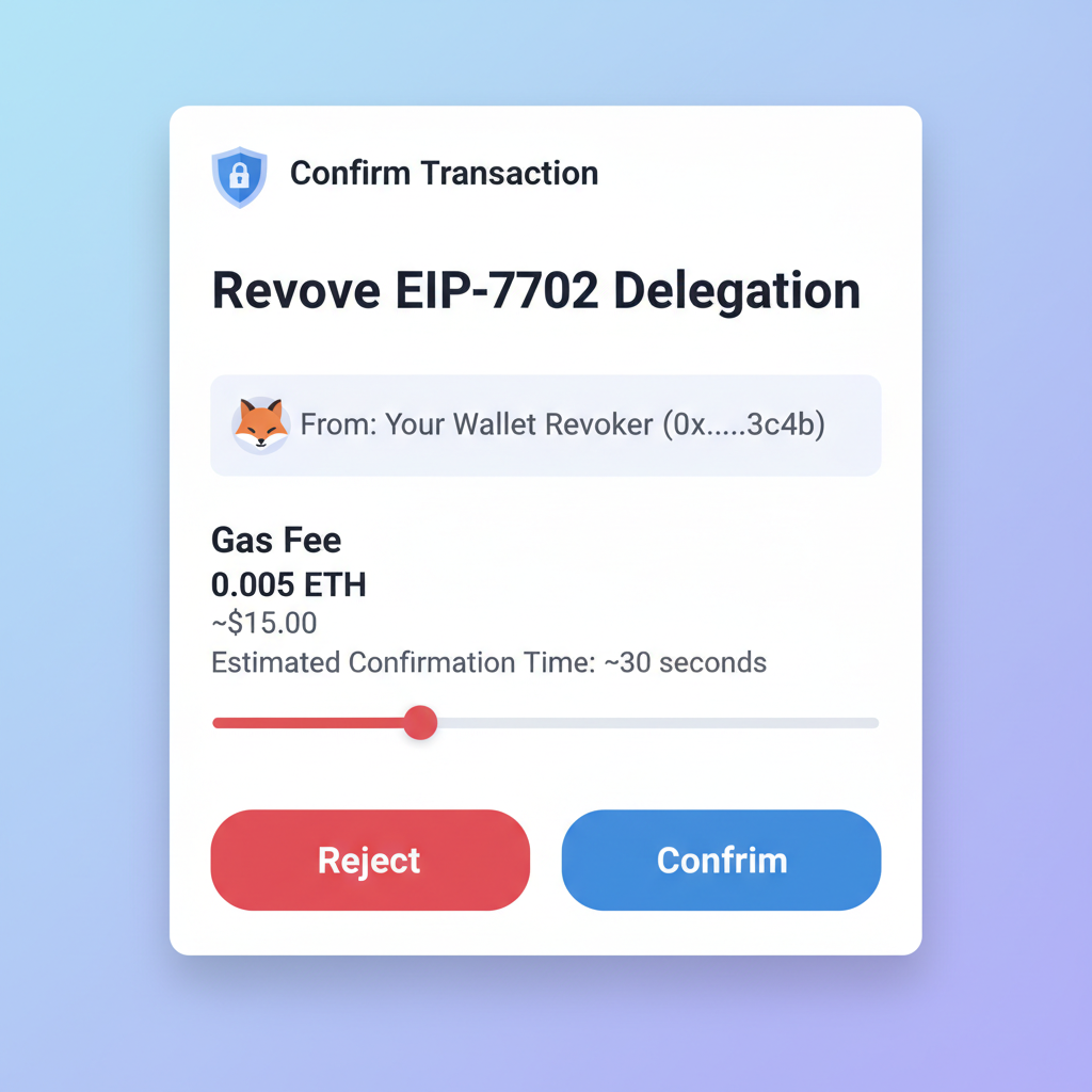 MetaMask transaction confirmation screen for revoking EIP-7702 delegation, gas fee visible, secure UI