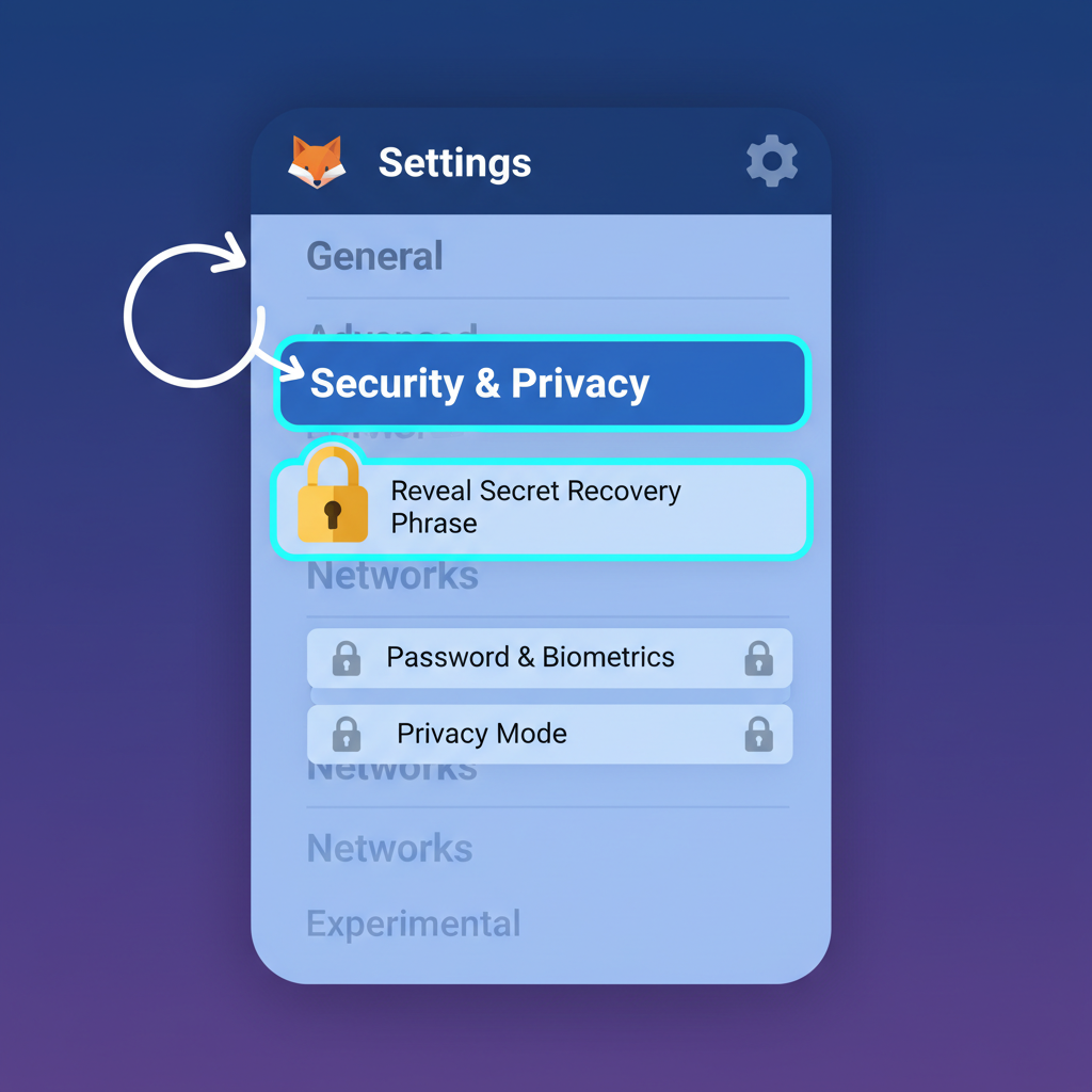 MetaMask settings screen with security options highlighted, lock icons, protective theme