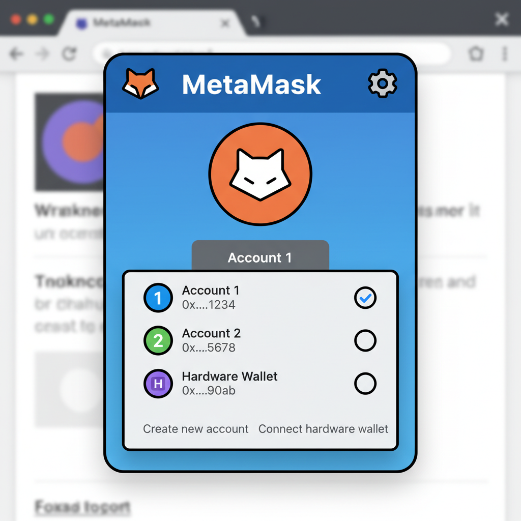 MetaMask popup window showing account selection dropdown with multiple wallets listed, simple interface