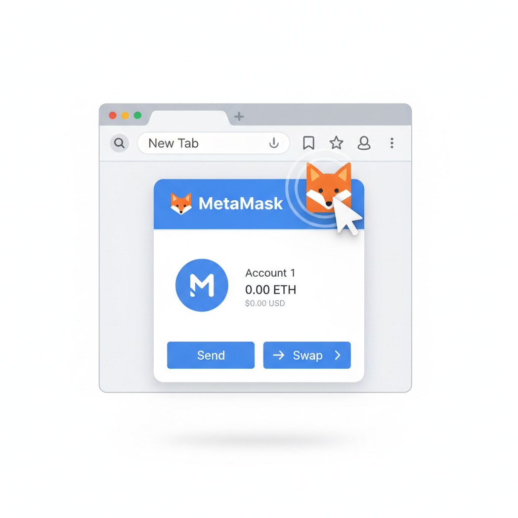 clean screenshot of MetaMask extension icon in Chrome toolbar being clicked open, modern UI, high resolution