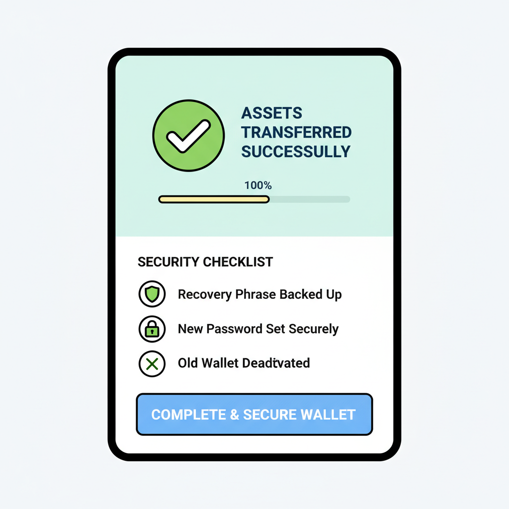 Wallet recovery verification screen, assets transferred successfully, security checklist