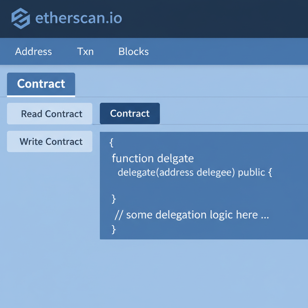 Etherscan.io wallet page zoomed on Contract tab showing delegation code, blue theme, professional
