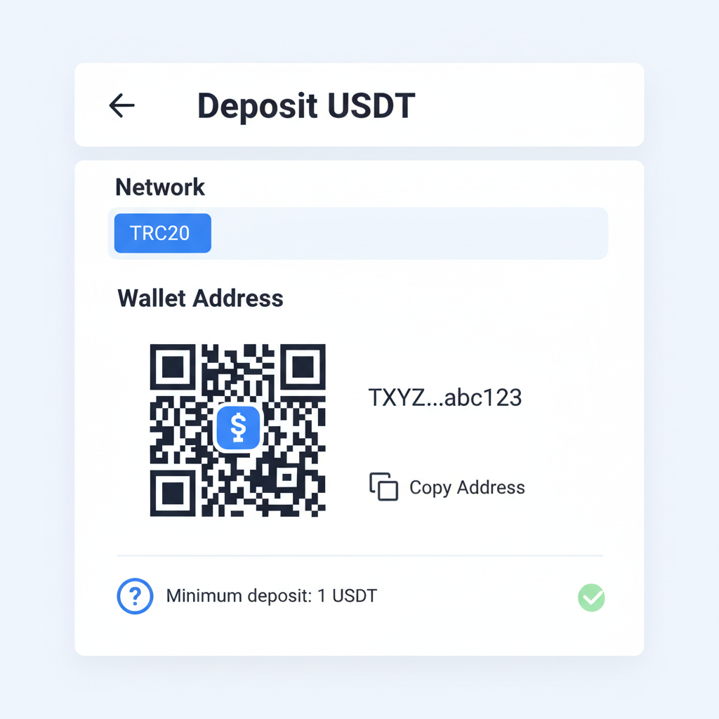 screenshot of crypto exchange deposit USDT page showing wallet address QR code
