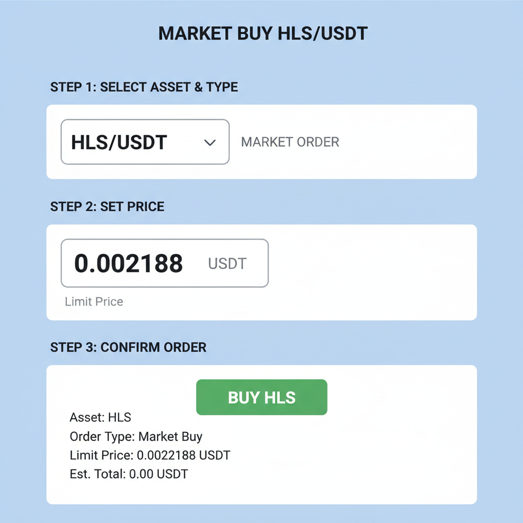 exchange order placement screen for market buy HLS/USDT at 0.002188