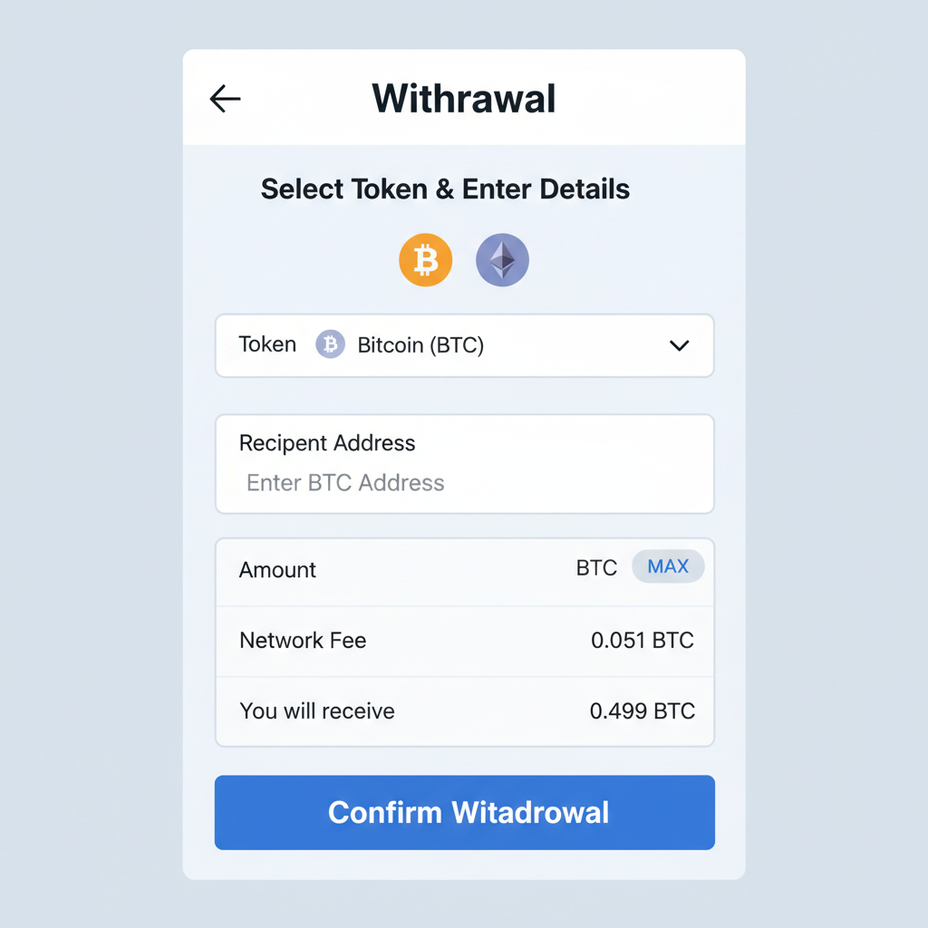 screenshot of crypto withdrawal page with token address input and confirm button