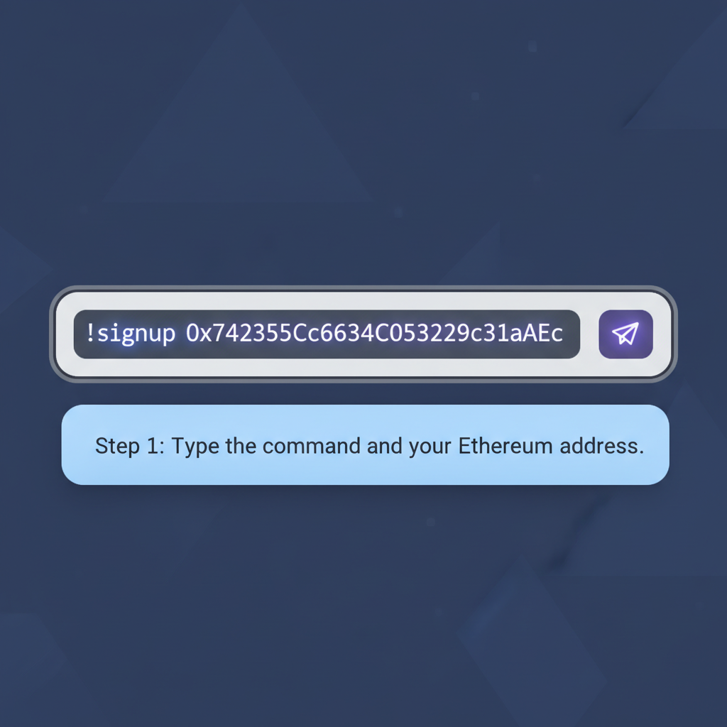 discord message input with !signup command and ethereum address, glowing text effect