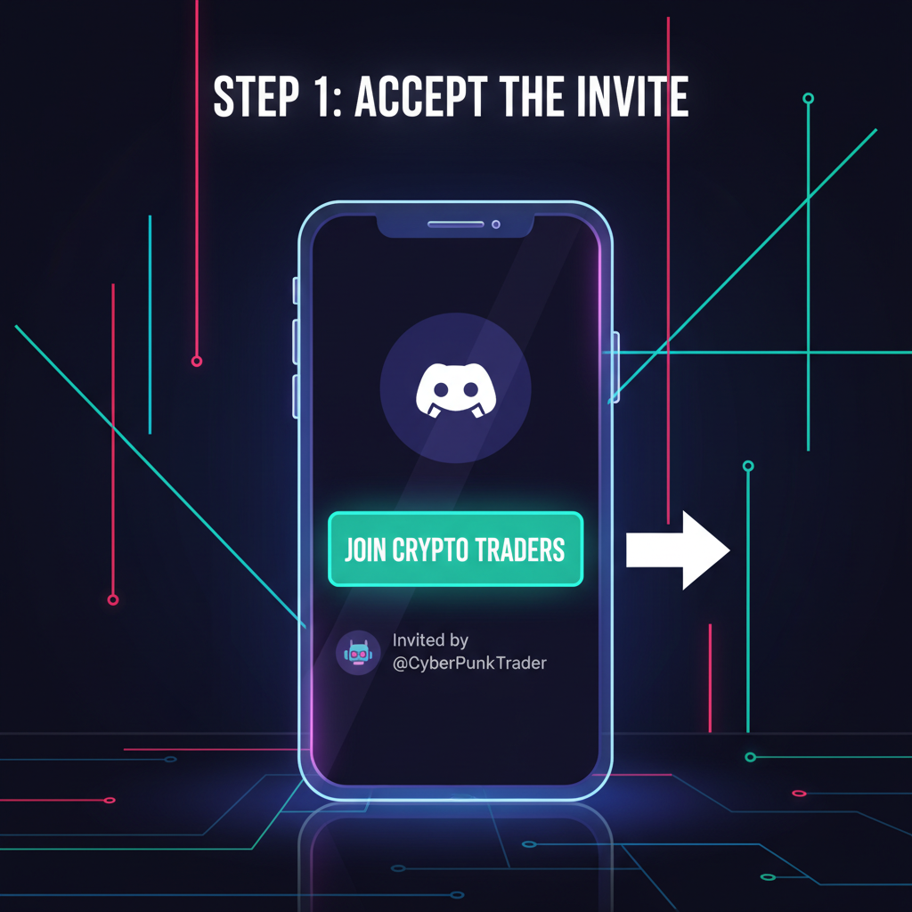 discord app on phone, joining crypto server invite, futuristic neon glow, cyberpunk style