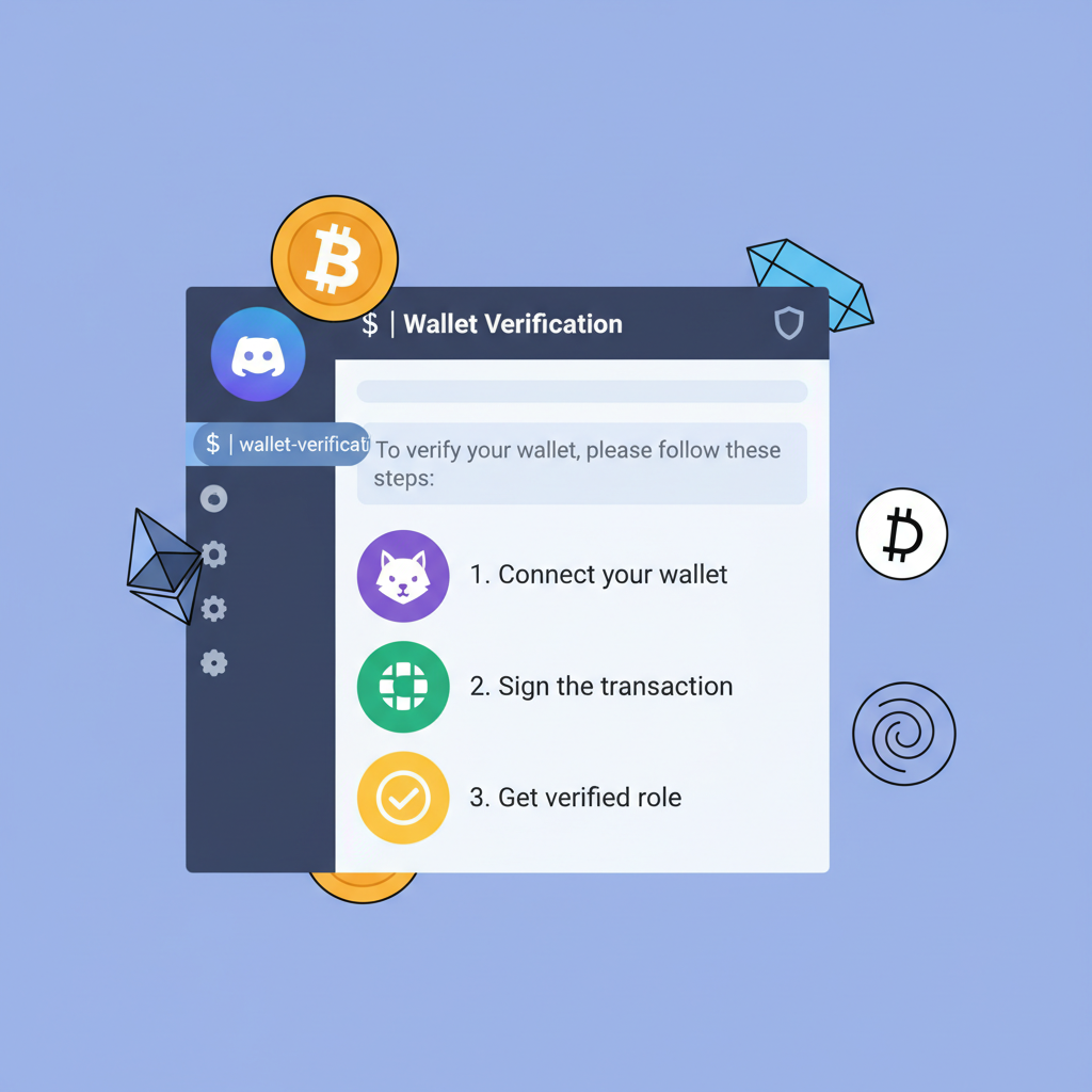 discord chat interface, wallet verification channel highlighted, crypto icons floating