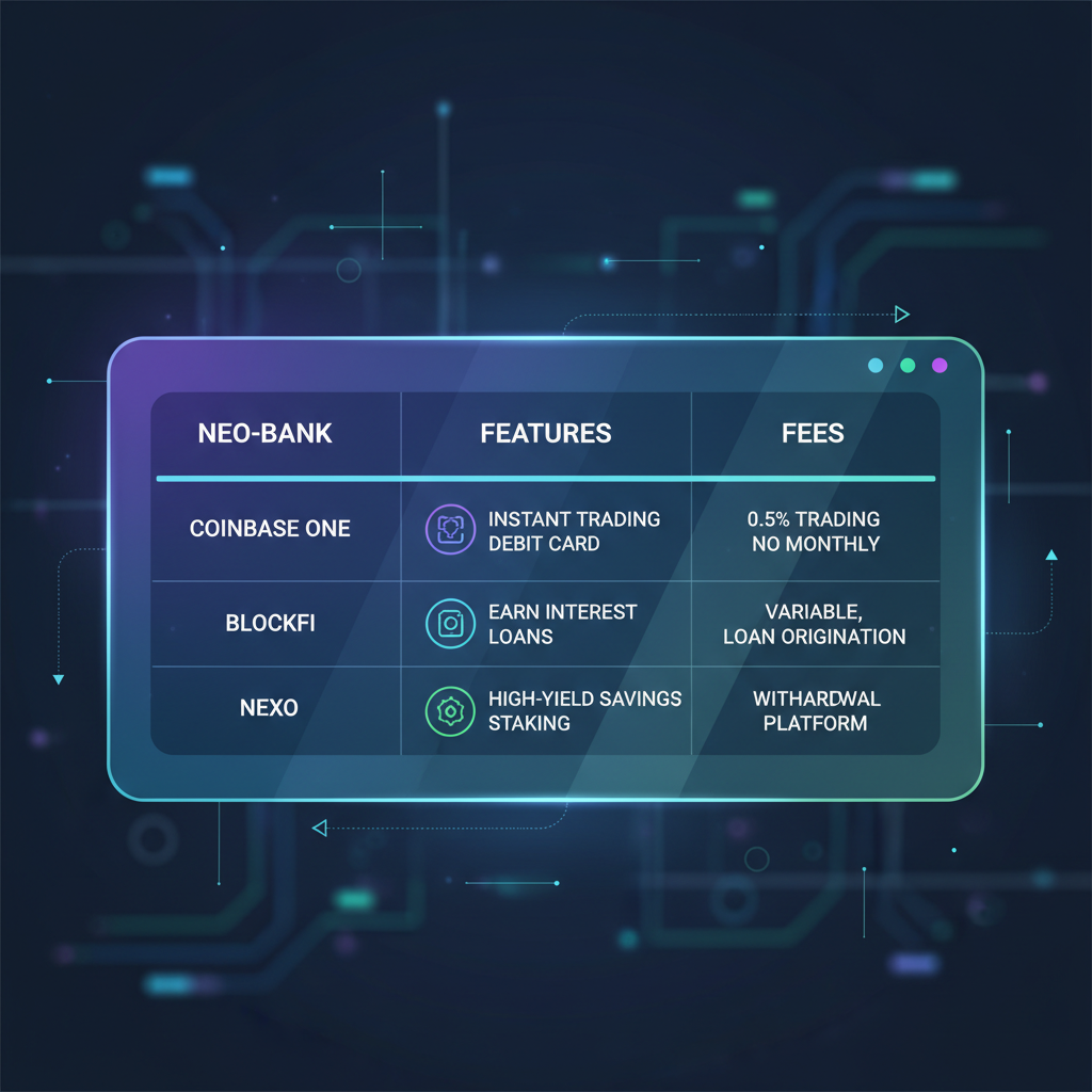 sleek comparison table of crypto neo-banks on futuristic dashboard