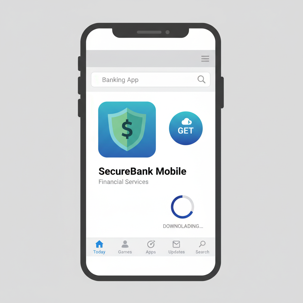 smartphone screen downloading banking app from app store