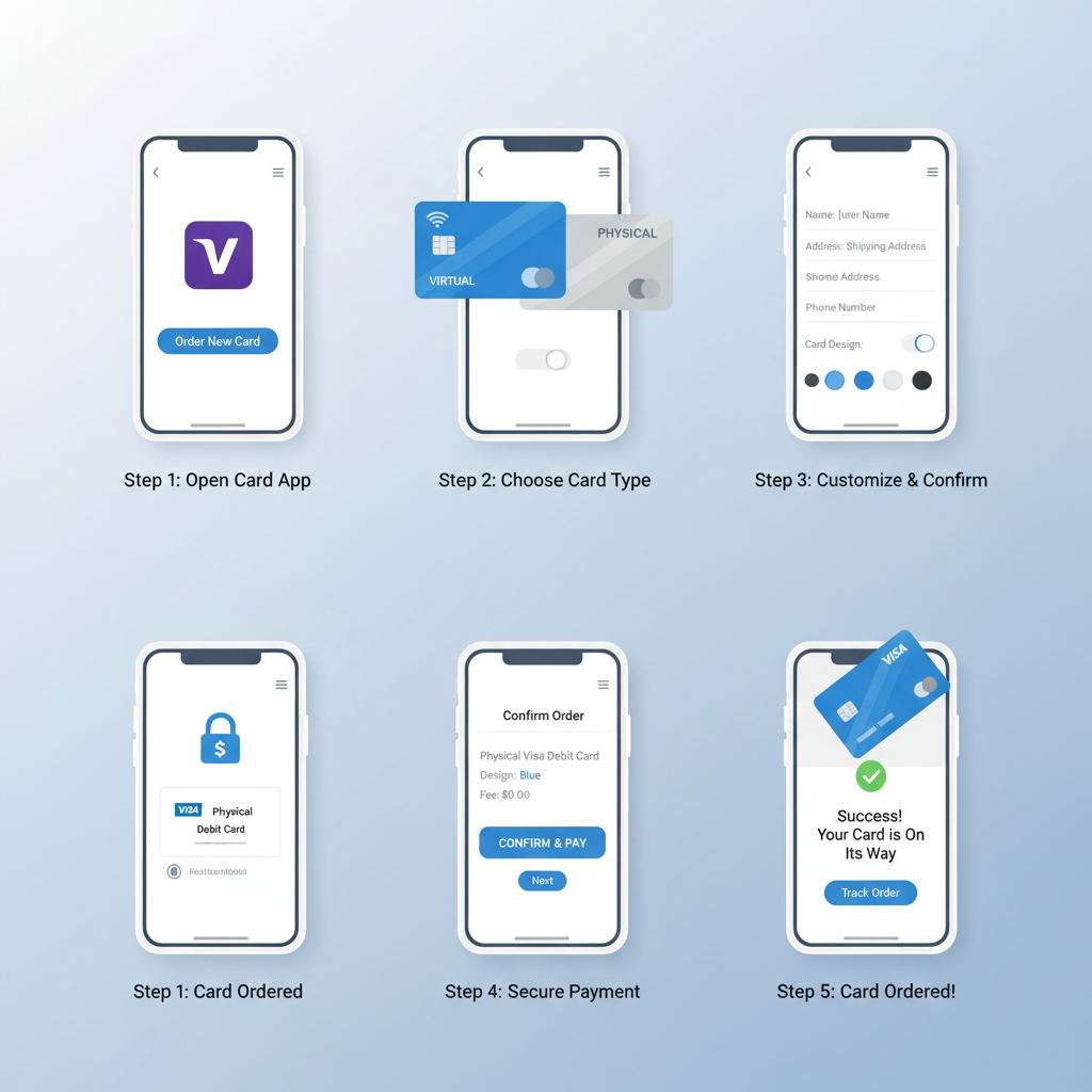 app interface ordering sleek Visa debit card virtual physical