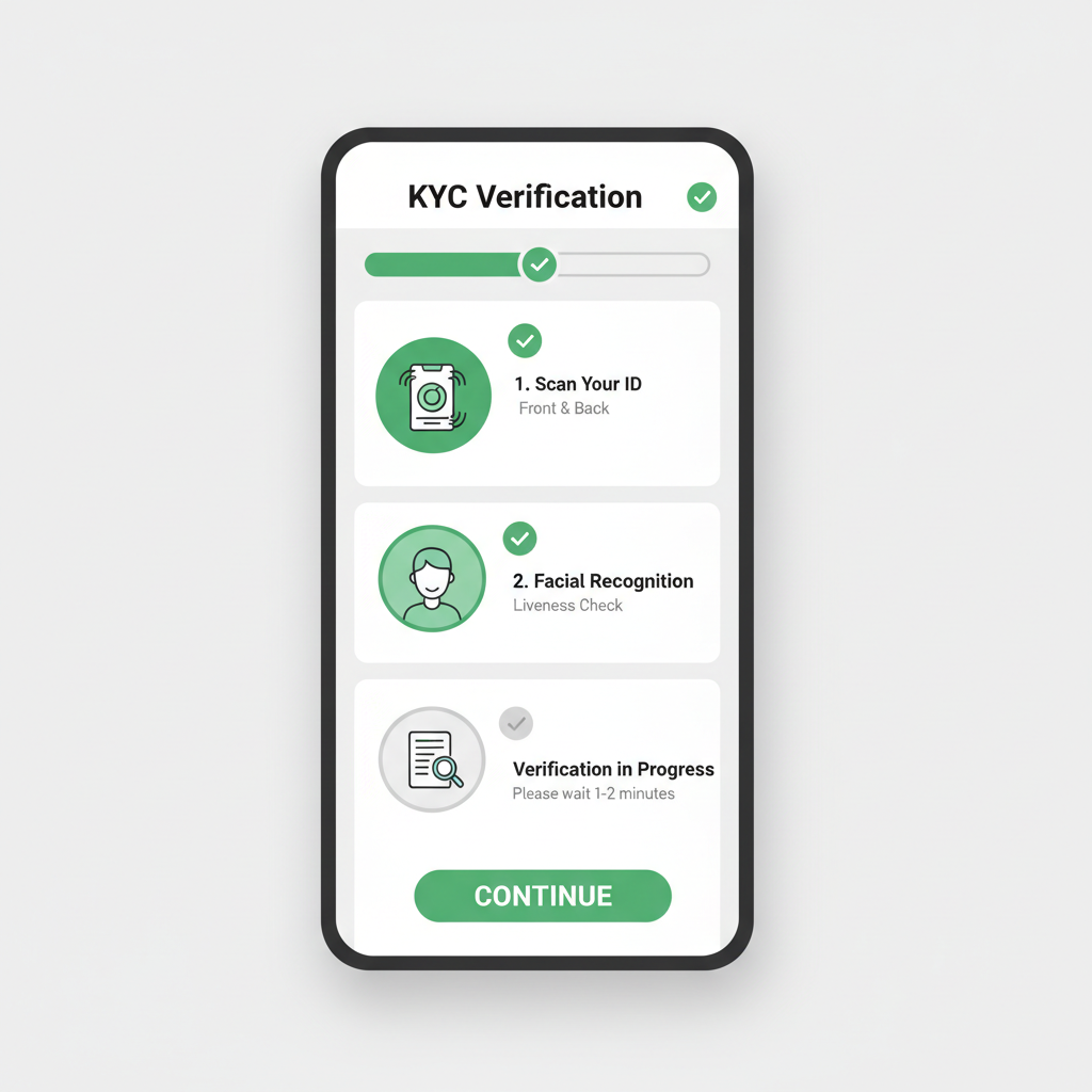 mobile app KYC screen with ID scan and verification checkmarks
