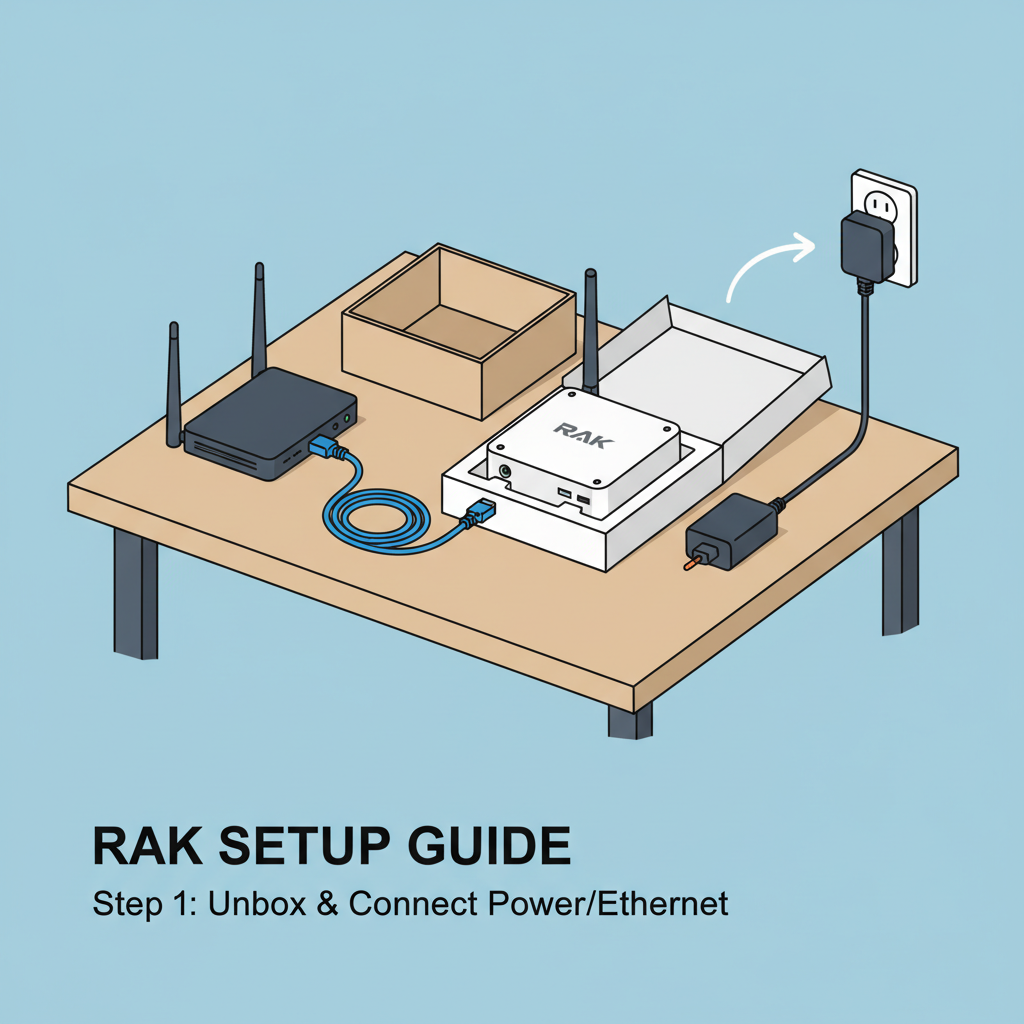RAK Helium hotspot miner unboxed on table with router, ethernet cable, power adapter, photorealistic product setup