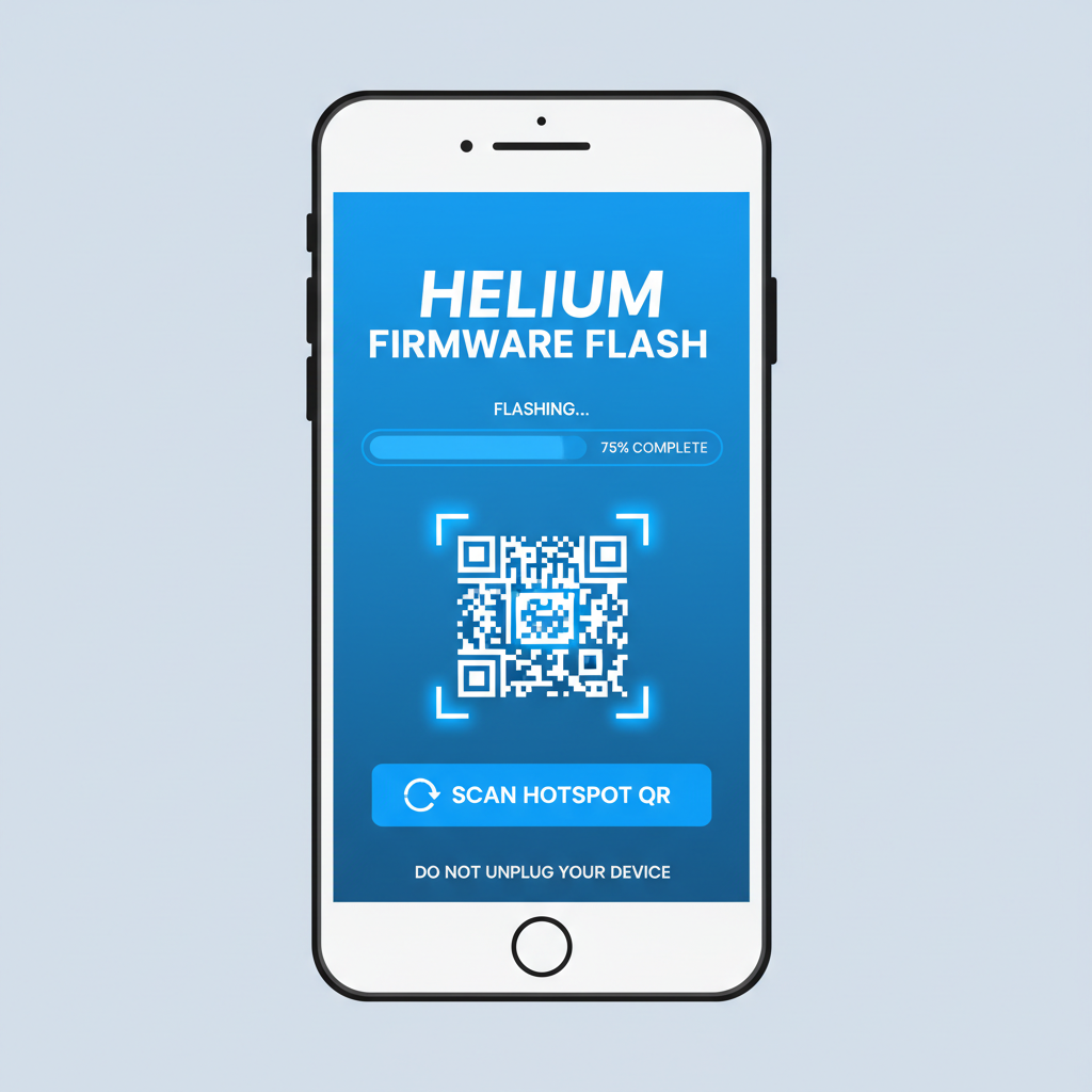 smartphone Helium app screen flashing firmware to hotspot, progress bar and QR scan, clean screenshot style