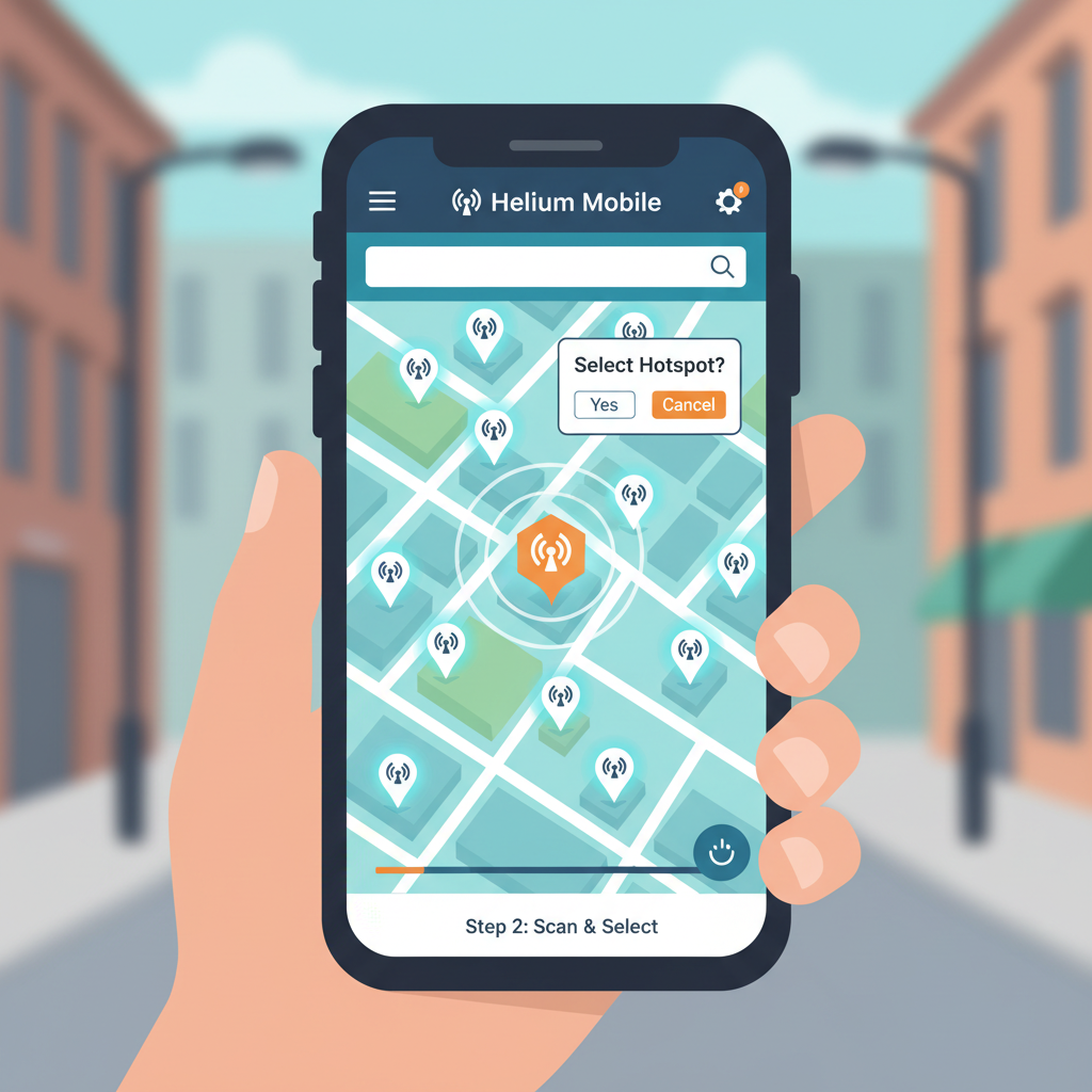 Helium mobile app map interface scanning and selecting hotspot location, urban street view with pins, app UI