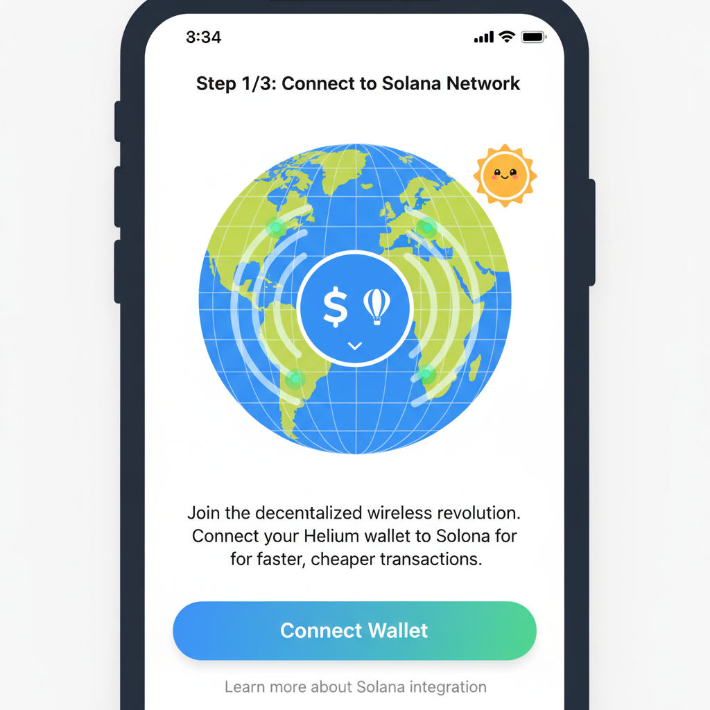 Helium app onboarding screen to Solana network, proof-of-coverage map demo with signal waves, modern UI