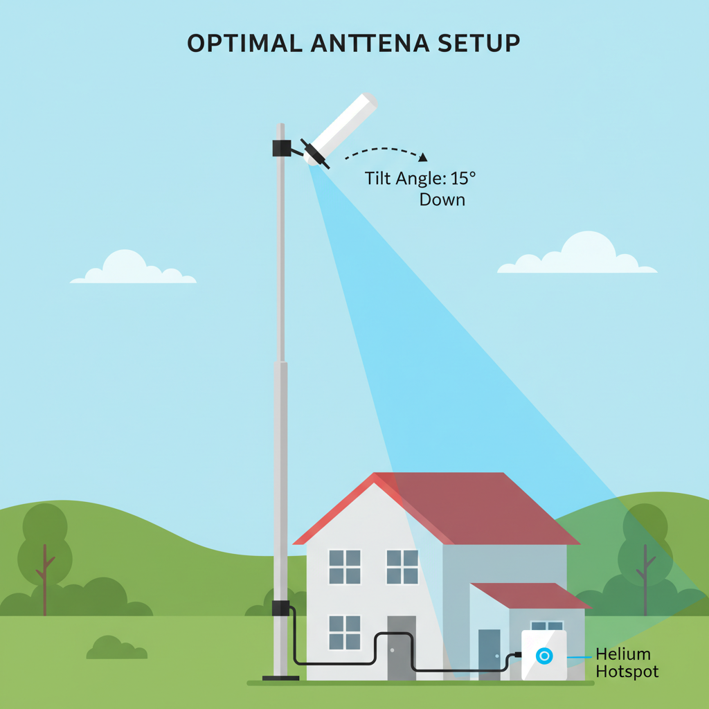 Helium hotspot antenna optimization diagram, elevation mount 20ft high, tilt angle illustration, outdoor setup
