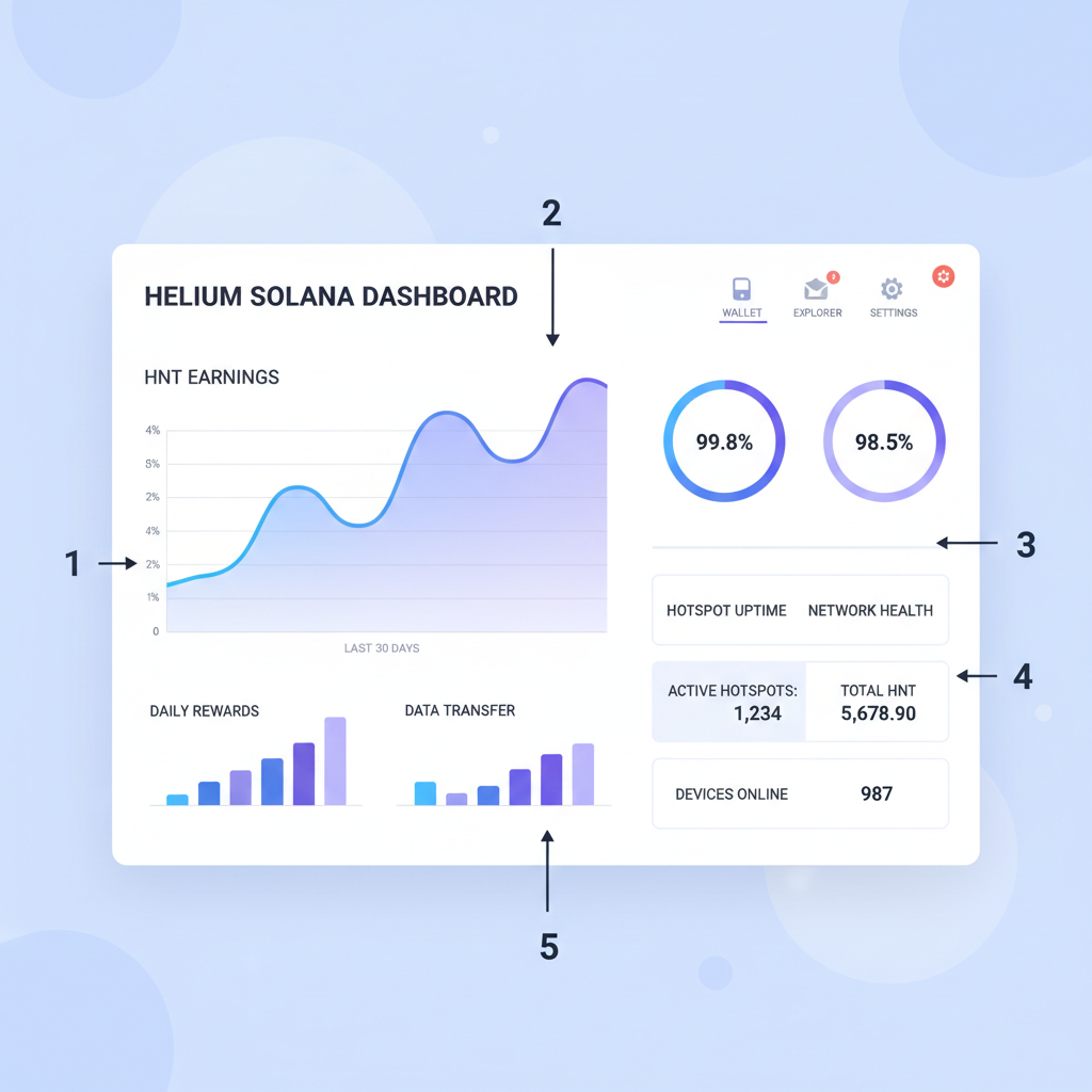 Helium Solana dashboard UI with HNT earnings graph, uptime metrics, modern charts and stats