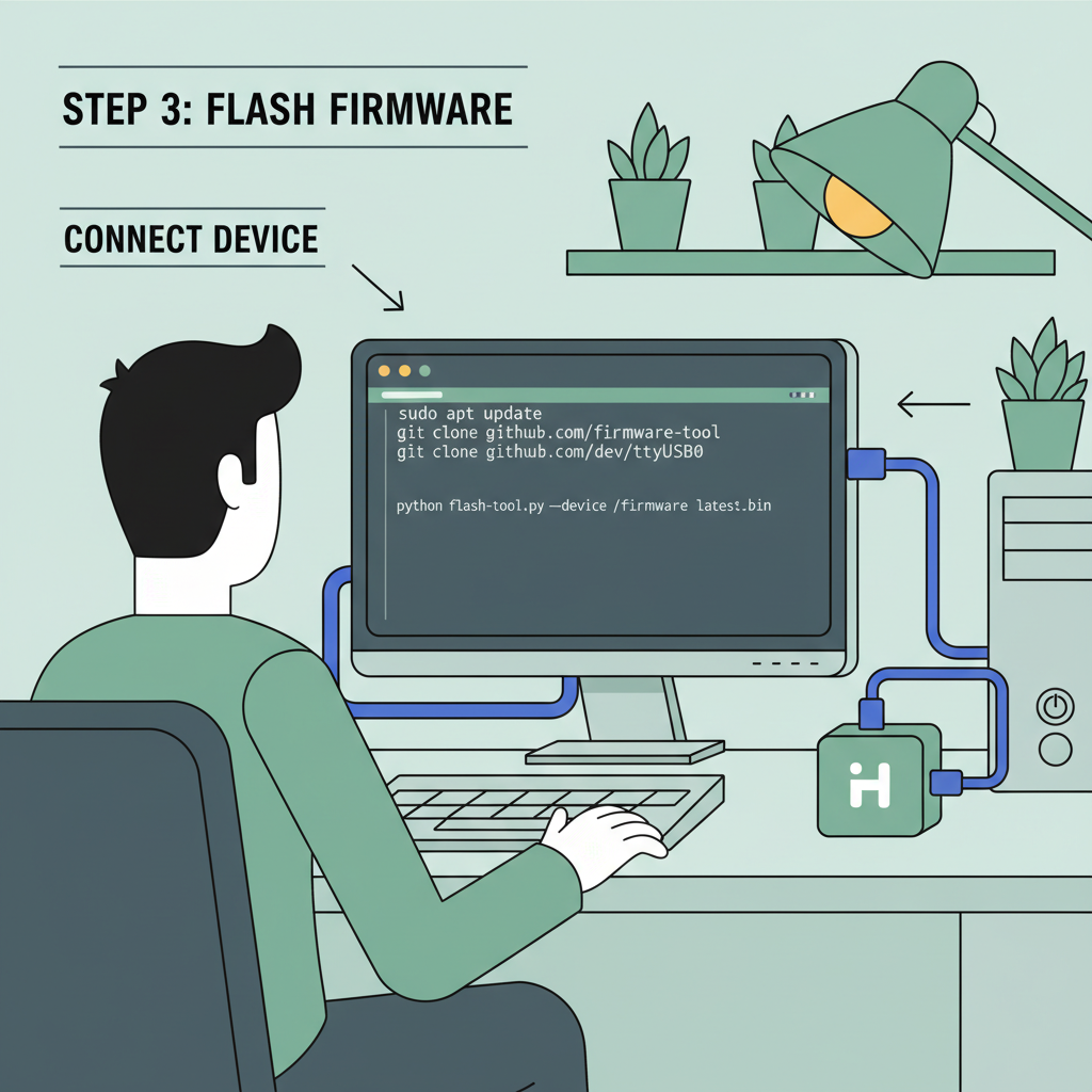 person flashing firmware on helium hotspot computer screen terminal ethernet cable