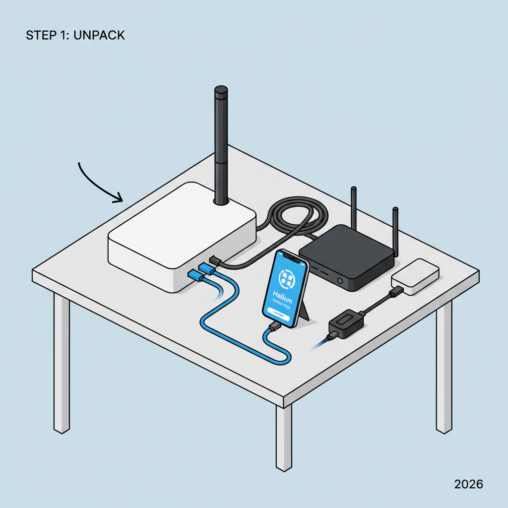 modern helium hotspot miner box with antenna cables router smartphone on table, tech setup 2026