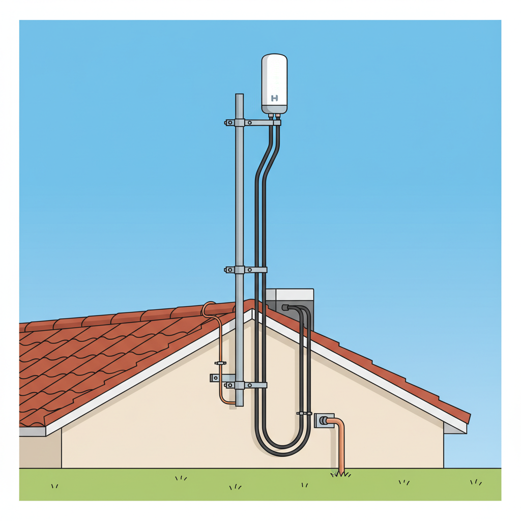 helium hotspot antenna mounted on roof with cables grounding rod, clear sky outdoor setup