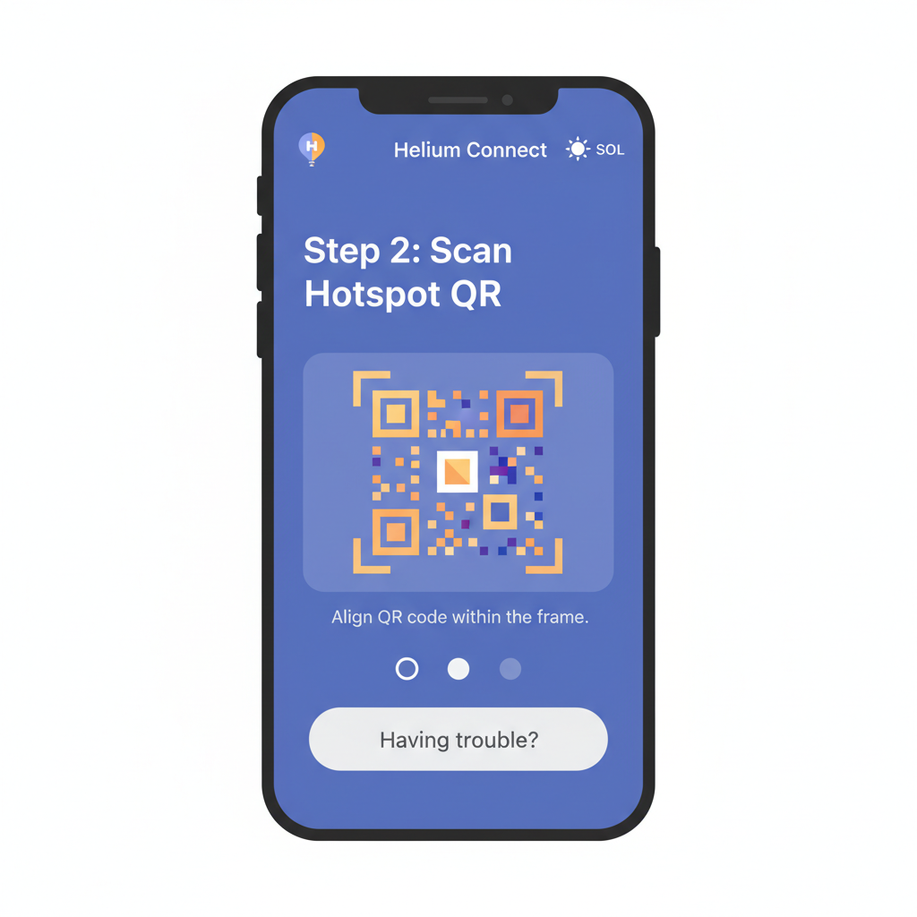 smartphone helium app scanning hotspot QR code solana network onboarding screen