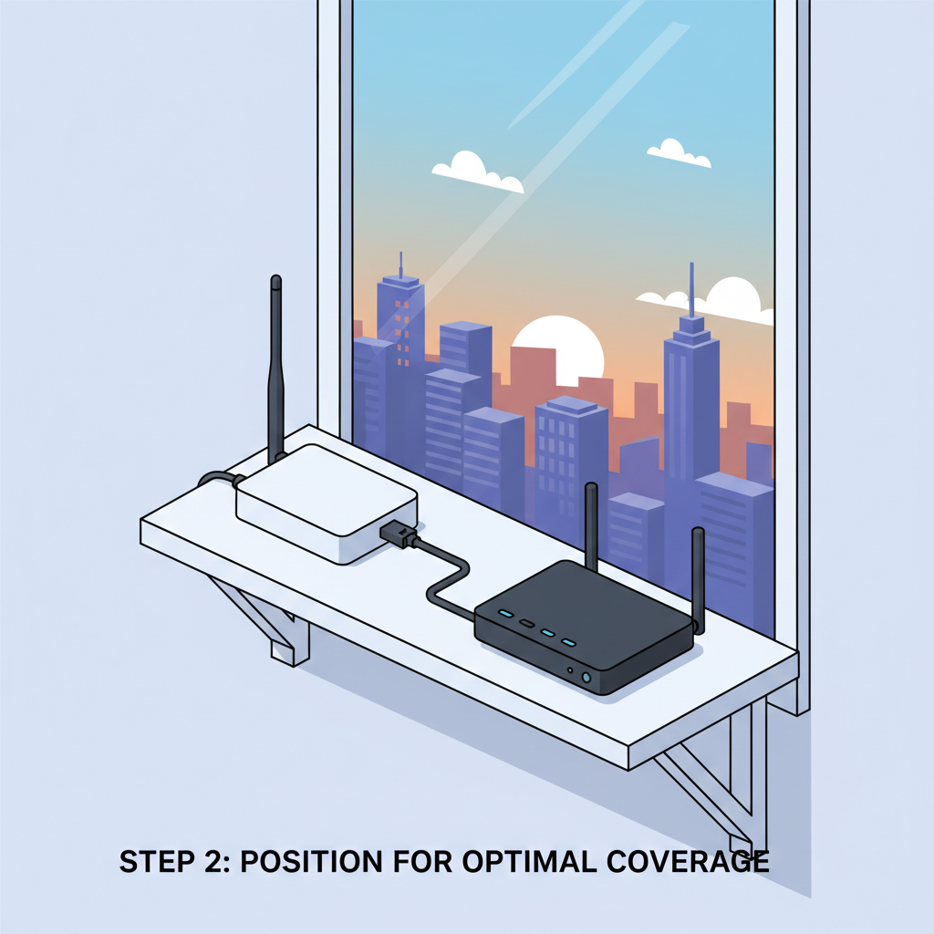 helium hotspot positioned high shelf near window router ethernet cable city view