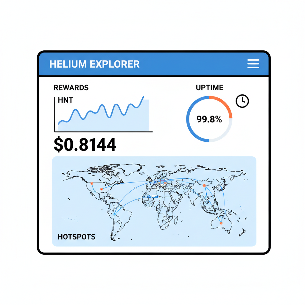 dashboard screen helium explorer rewards graph HNT $0.8144 uptime map