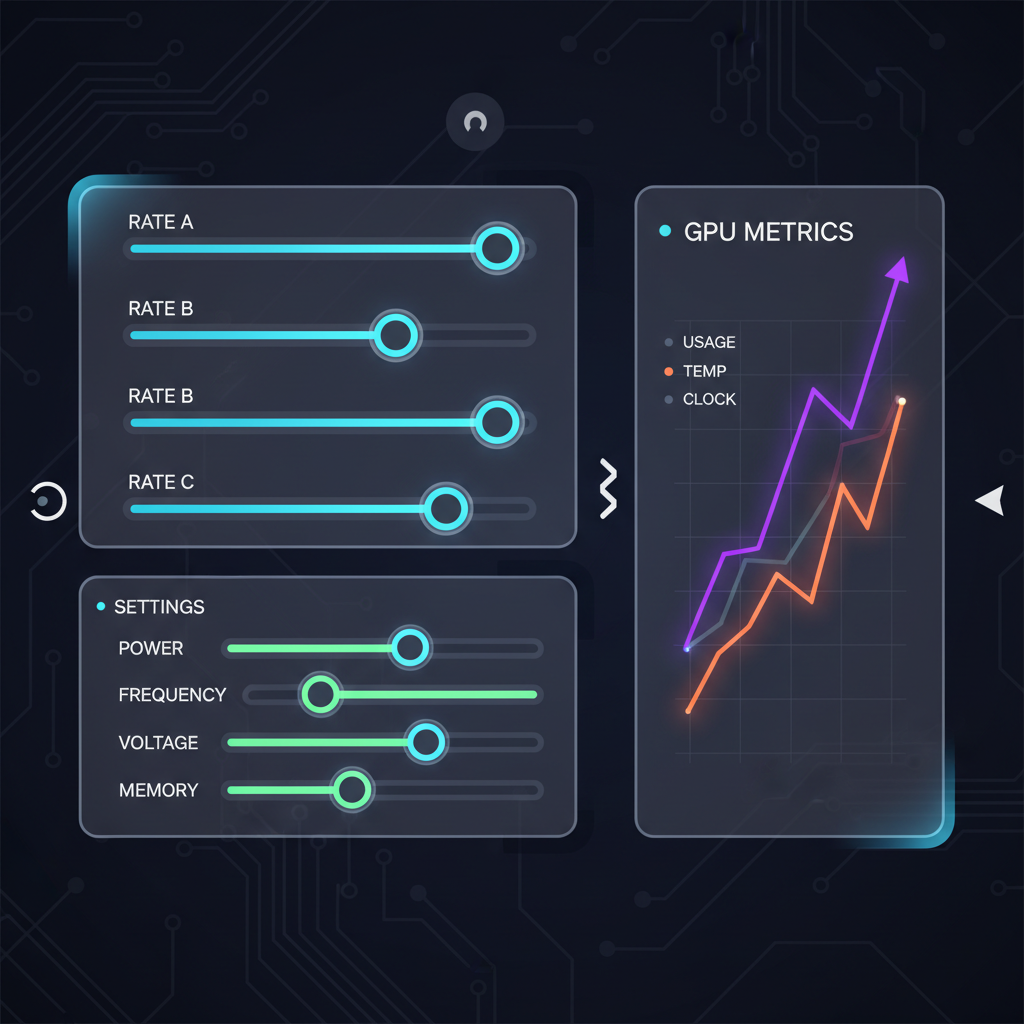 control panel sliders for rates and settings, GPU metrics graph rising, futuristic interface