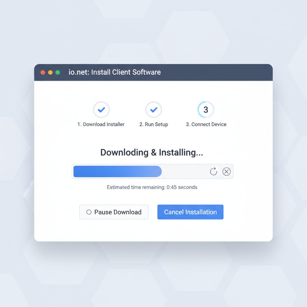 screenshot of io.net download page installing software on computer, clean UI, downloading progress bar