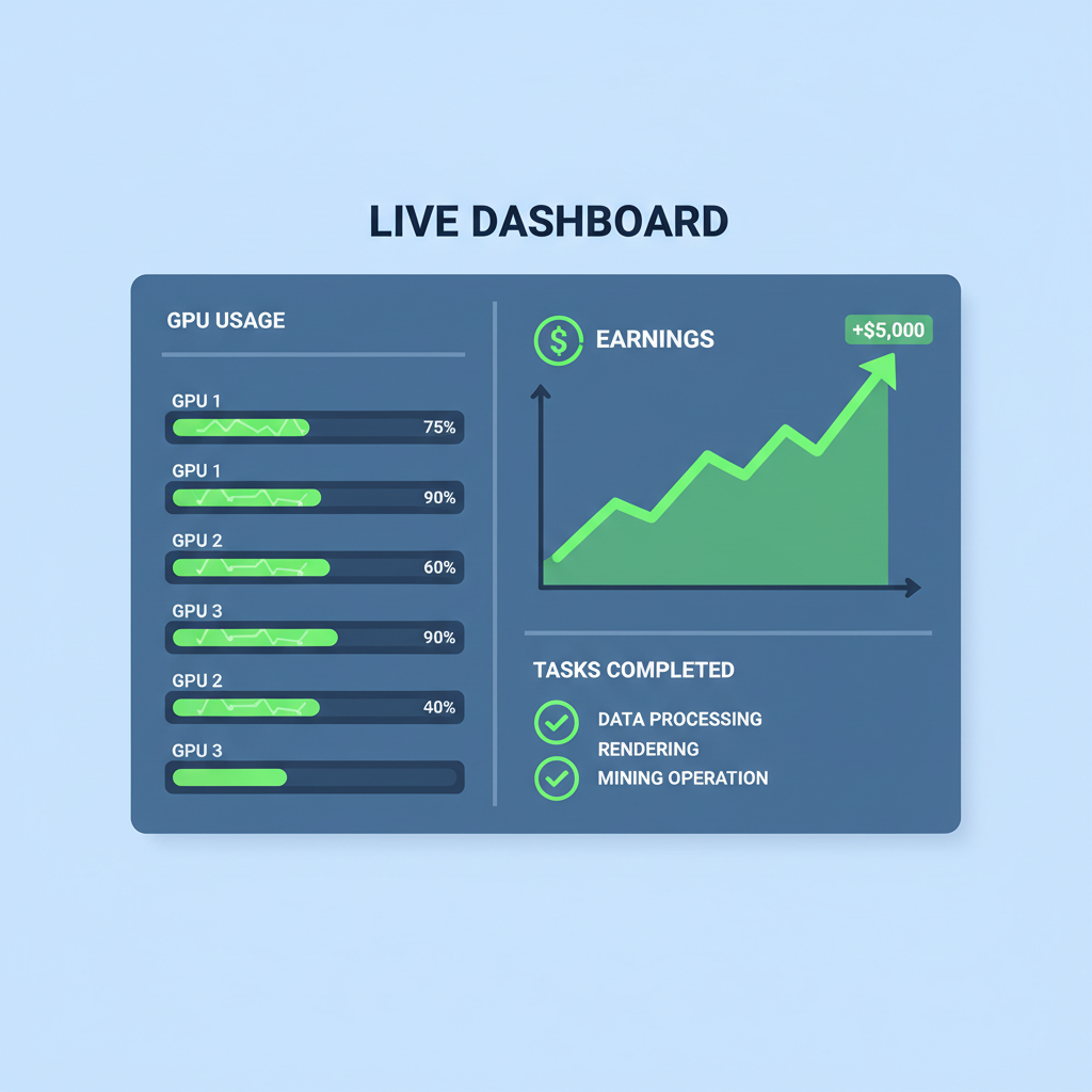live dashboard showing GPU usage stats, earnings graph climbing, green checkmarks