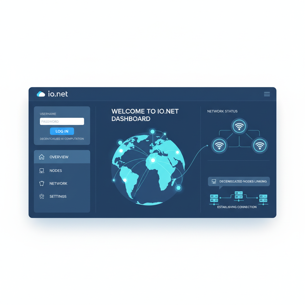 user dashboard logging into io.net, network connection icons pulsing, decentralized nodes linking