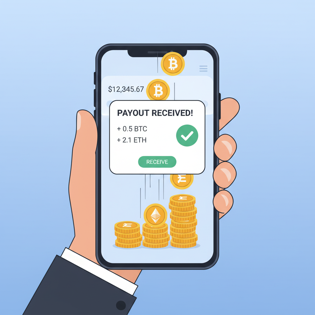 crypto wallet receiving tokens, payout notification popup, coins stacking up