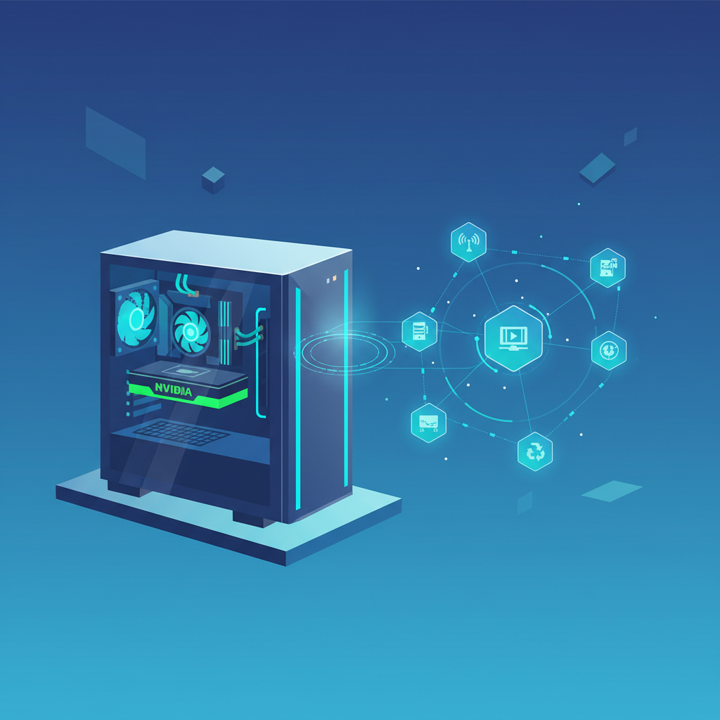 modern gaming PC with glowing NVIDIA GPU, futuristic DePIN network visualization, high-tech setup