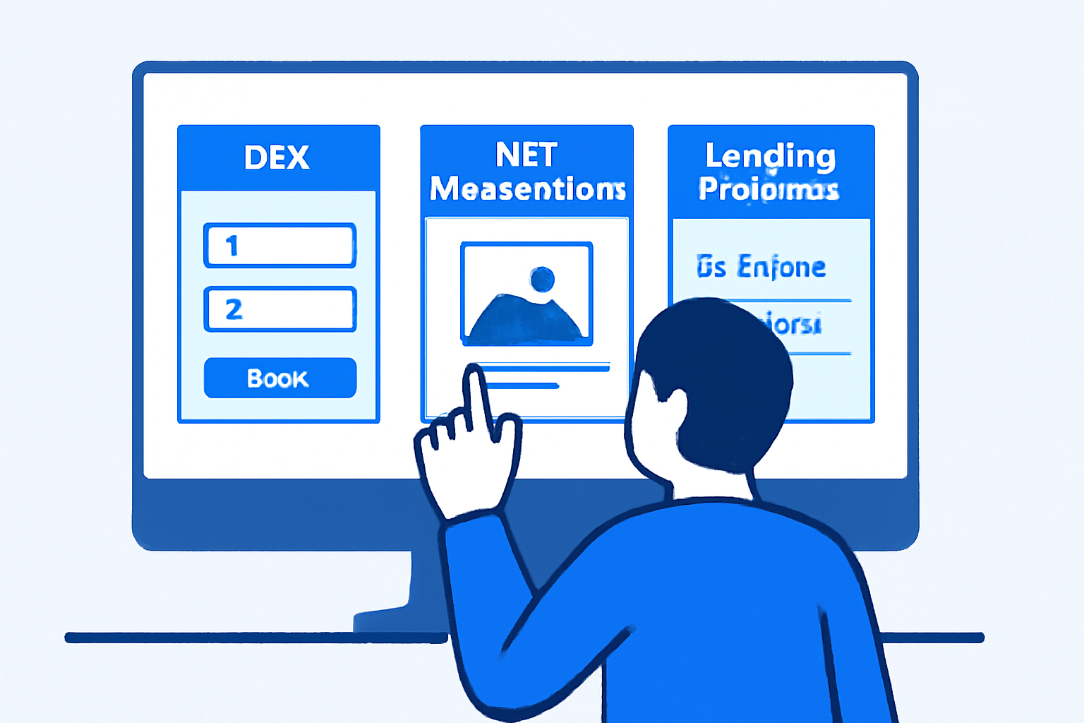 A user interacting with multiple dApp interfaces—DEX, NFT marketplace, and lending platform—on a computer screen, all branded with Base network colors.