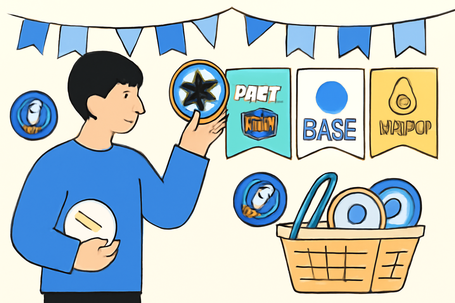 A person collecting digital badges and tokens from various Base ecosystem campaigns, with festive banners and campaign logos.