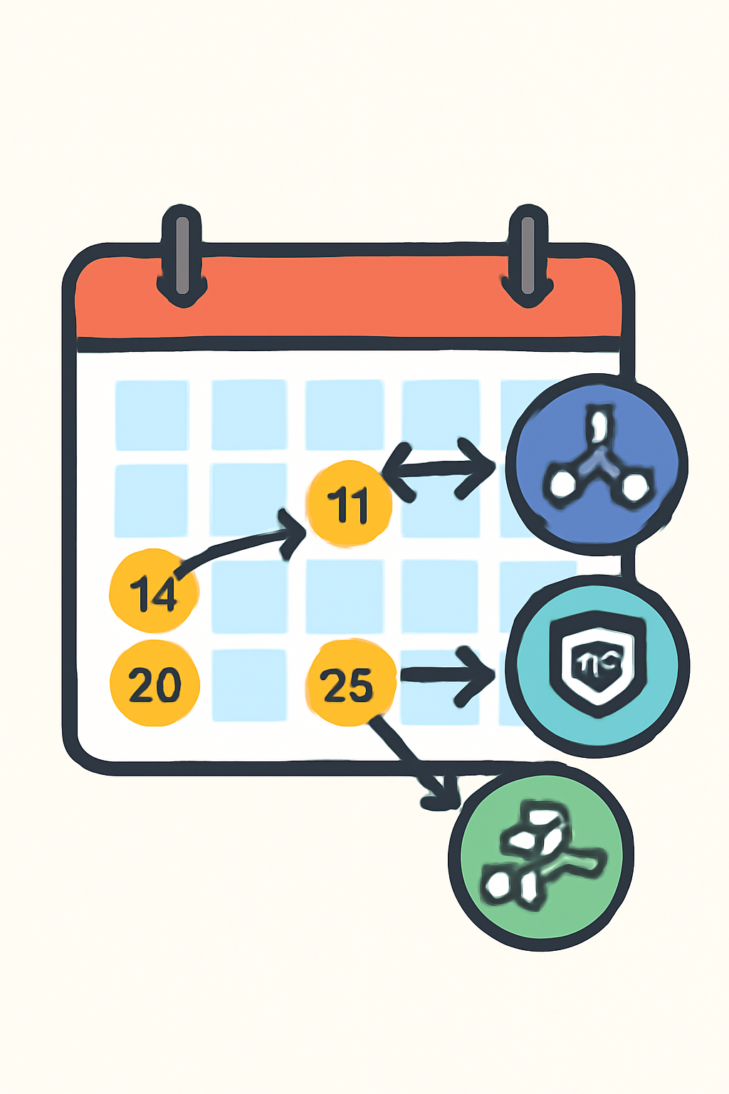 A calendar with highlighted dates and multiple arrows pointing to different types of blockchain transactions, symbolizing ongoing activity.